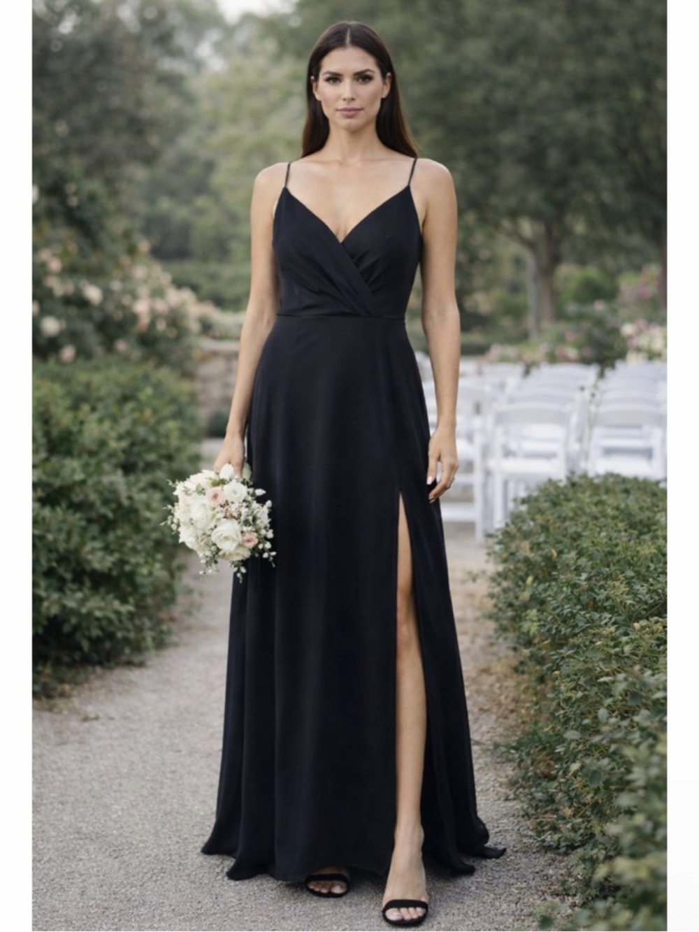 Black A-Line Pleated Stretch Satin Dress